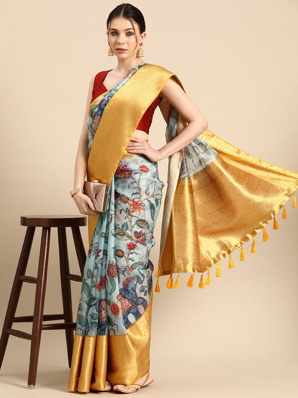 Sky blue Munga silk digital print floral saree with unstitched blouse piece
