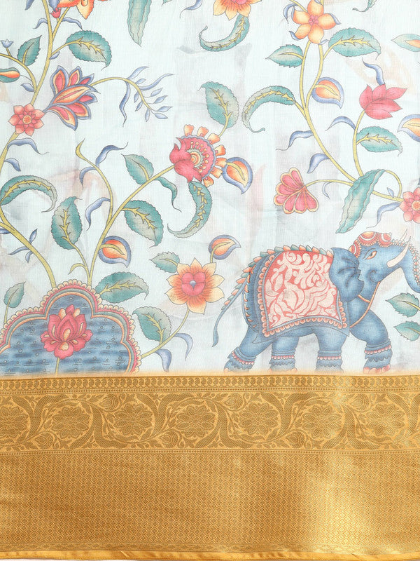 Sky Blue Munga Silk Floral Digital Print Saree