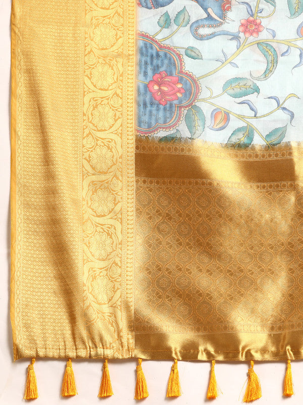 Sky Blue Munga Silk Floral Digital Print Saree