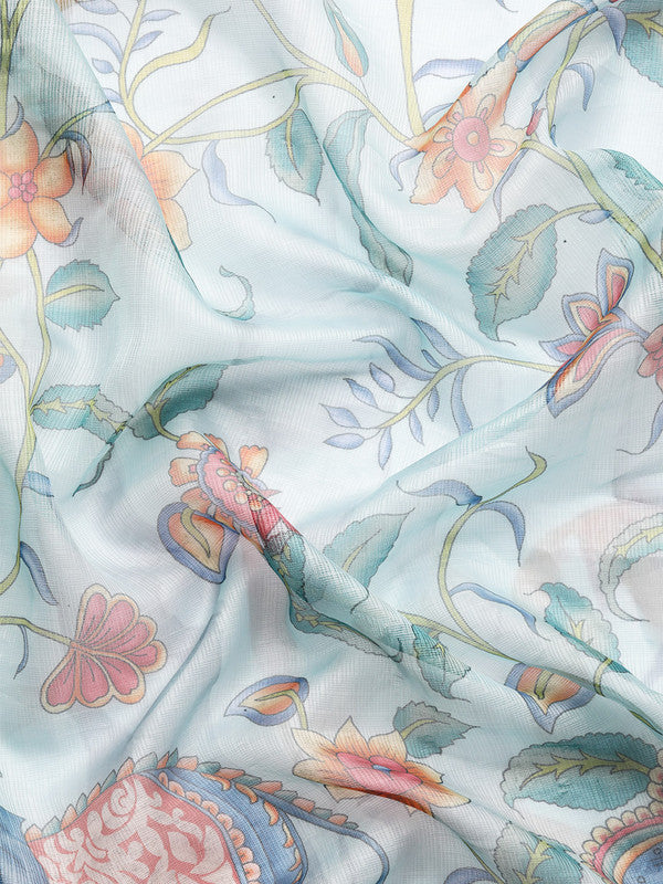 Sky Blue Munga Silk Floral Digital Print Saree