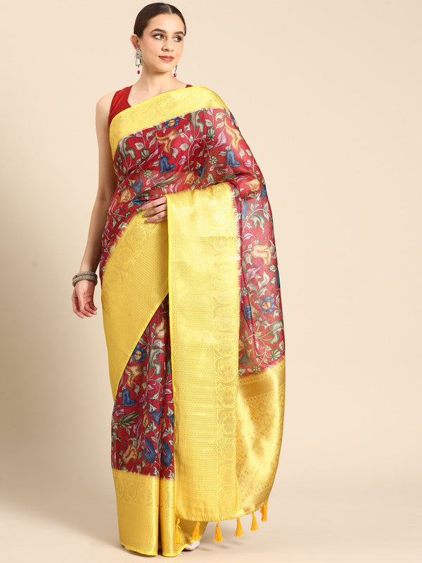 Maroon Munga silk saree with vibrant digital floral print and unstitched blouse
