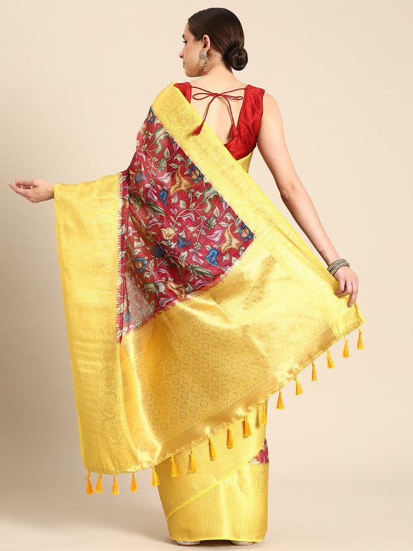 Maroon Munga Silk Saree with Digital Floral Print & Unstitched Blouse