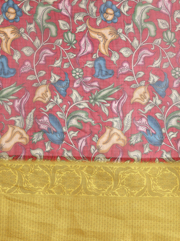 Maroon Munga Silk Saree with Digital Floral Print & Unstitched Blouse