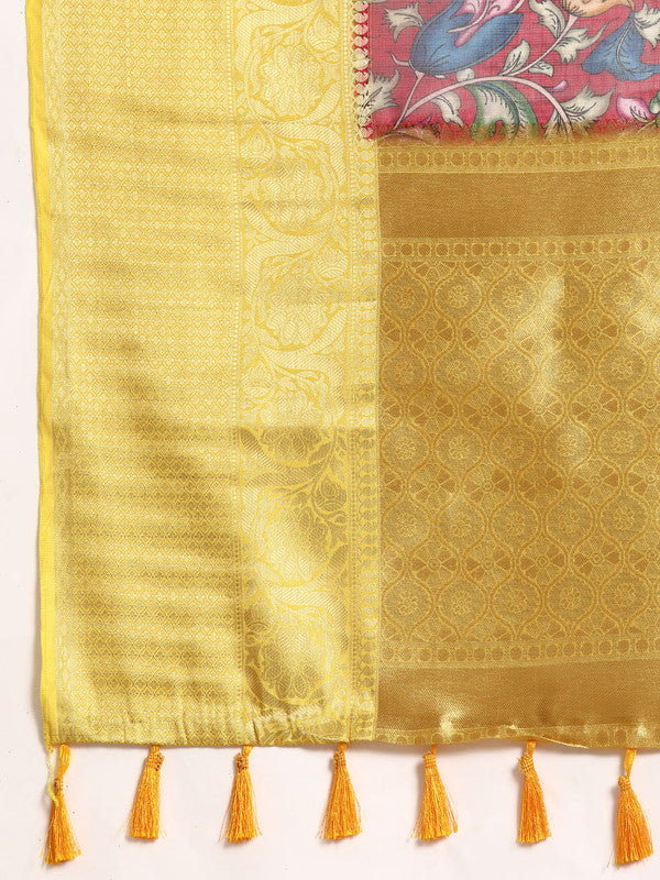 Maroon Munga Silk Saree with Digital Floral Print & Unstitched Blouse