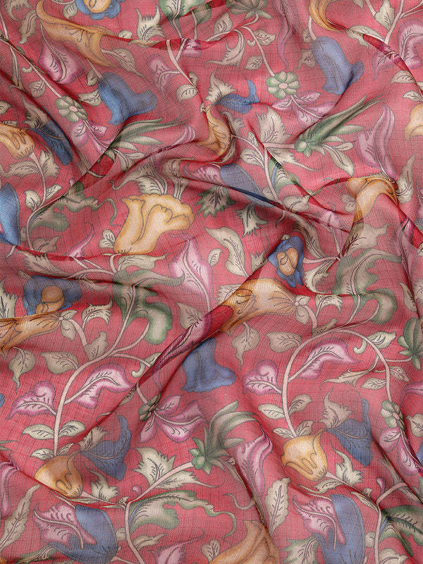 Maroon Munga Silk Saree with Digital Floral Print & Unstitched Blouse