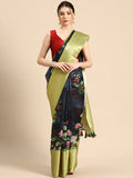 Navy blue Munga silk saree with vibrant digital floral prints and matching unstitched blouse.