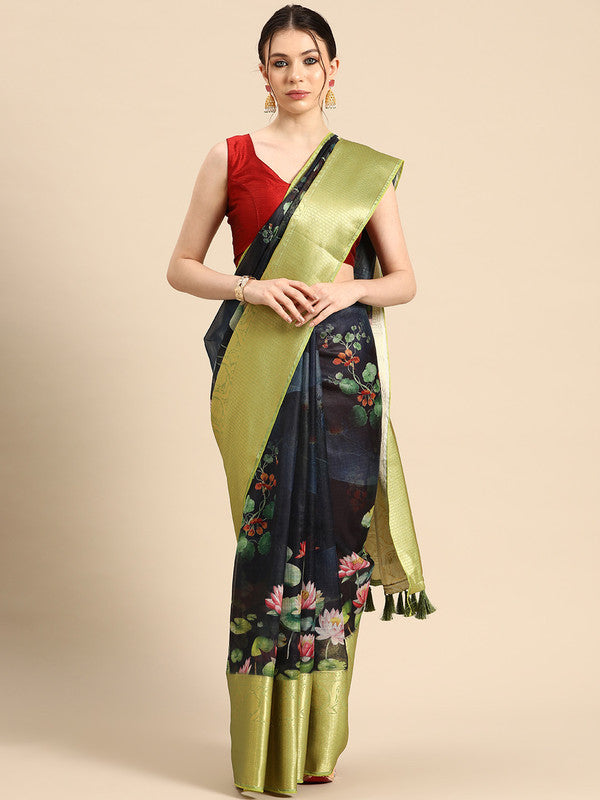 Navy blue Munga silk saree with vibrant digital floral prints and matching unstitched blouse.