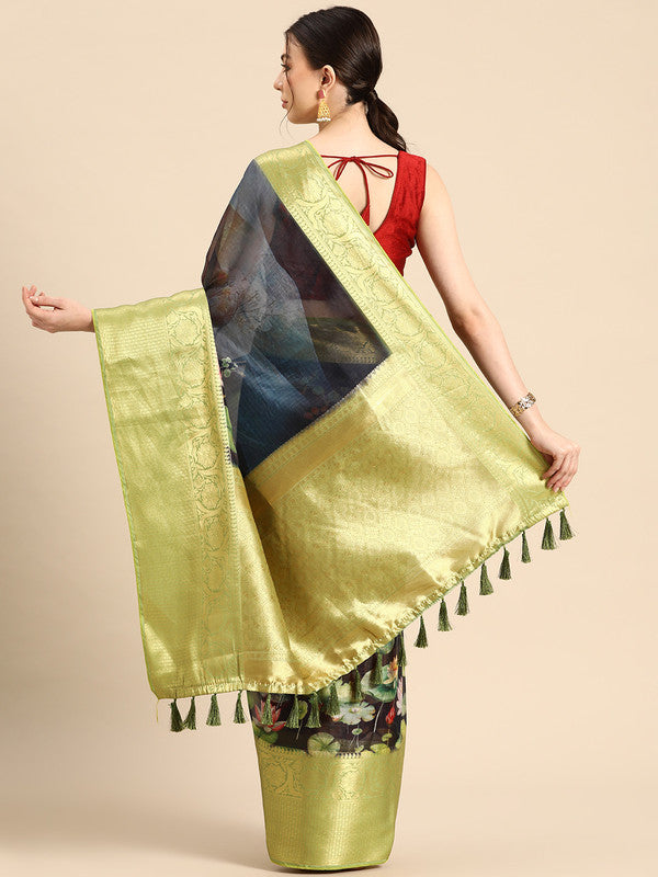 Navy Blue Munga Silk Digital Print Floral Saree with Unstitched Blouse