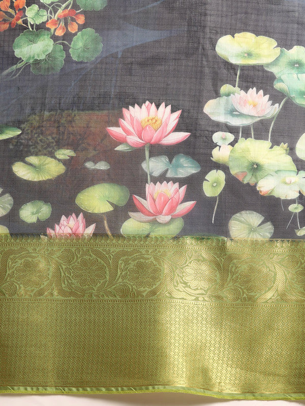 Navy Blue Munga Silk Digital Print Floral Saree with Unstitched Blouse