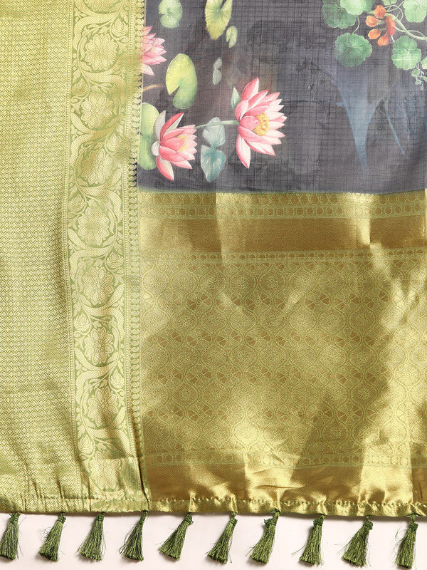 Navy Blue Munga Silk Digital Print Floral Saree with Unstitched Blouse
