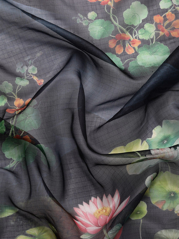 Navy Blue Munga Silk Digital Print Floral Saree with Unstitched Blouse