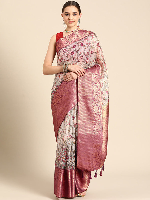 Beige munga silk saree featuring floral digital print and unstitched blouse fabric