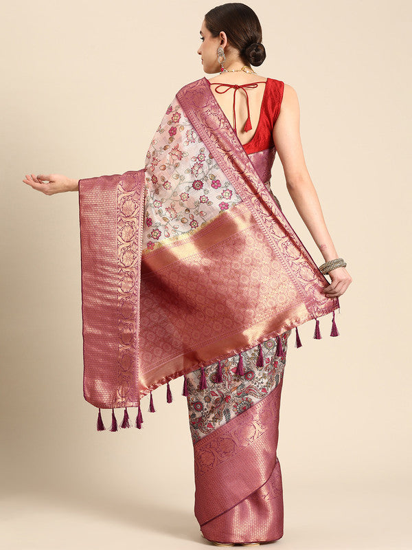 Beige Munga Silk Digital Print Floral Saree with Blouse Piece