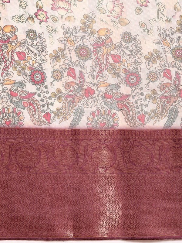 Beige Munga Silk Digital Print Floral Saree with Blouse Piece