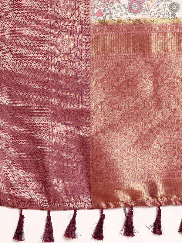 Beige Munga Silk Digital Print Floral Saree with Blouse Piece