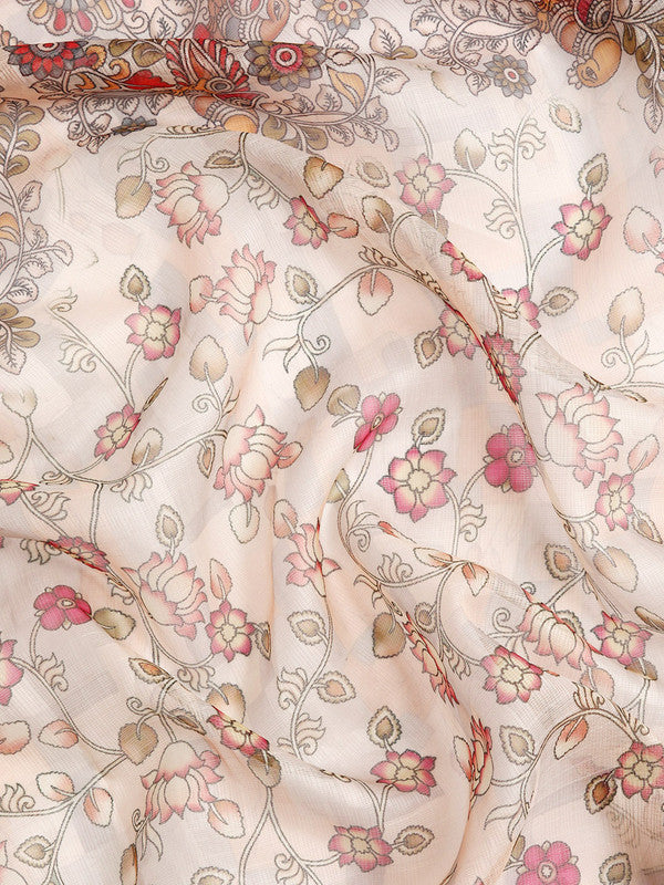 Beige Munga Silk Digital Print Floral Saree with Blouse Piece