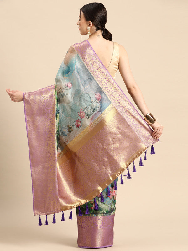 Multicolor Munga Silk Floral Print Saree with Blouse Piece