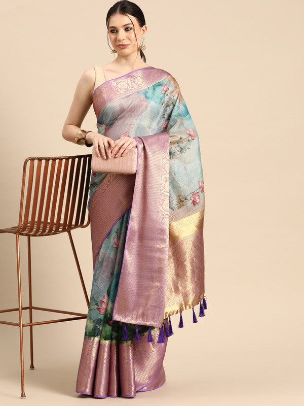 Multicolor Munga silk saree with digital floral print and attached unstitched blouse