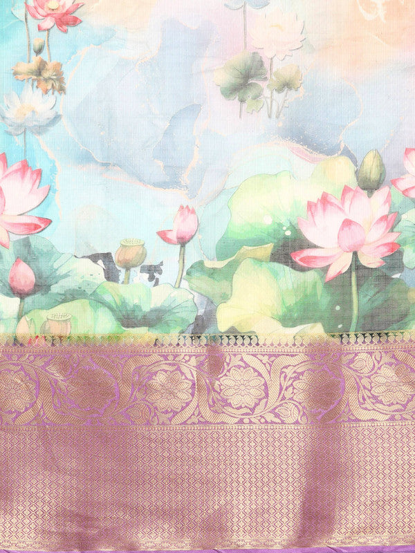Multicolor Munga Silk Floral Print Saree with Blouse Piece