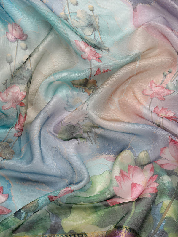 Multicolor Munga Silk Floral Print Saree with Blouse Piece