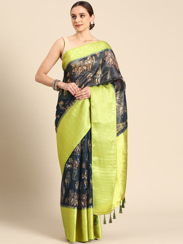 Gray Munga Silk saree with vibrant digital floral print and unstitched blouse piece