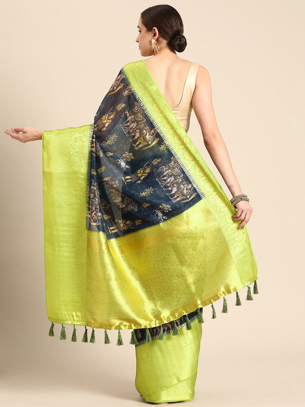 Gray Munga Silk Digital Print Floral Saree with Unstitched Blouse