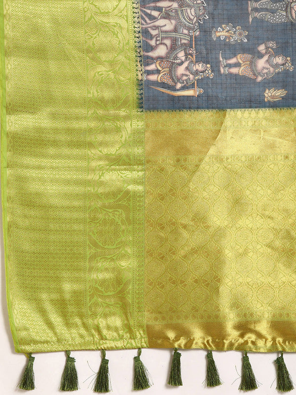 Gray Munga Silk Digital Print Floral Saree with Unstitched Blouse