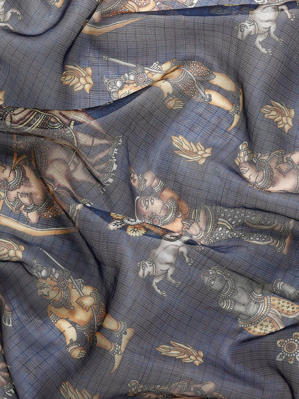 Gray Munga Silk Digital Print Floral Saree with Unstitched Blouse