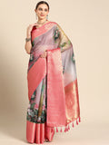 Beautifully draped Multicolor Munga Silk saree with floral digital print and matching unstitched blouse fabric