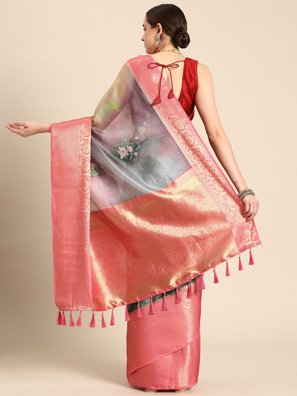 Multicolor Munga Silk Digital Print Floral Saree with Blouse Piece
