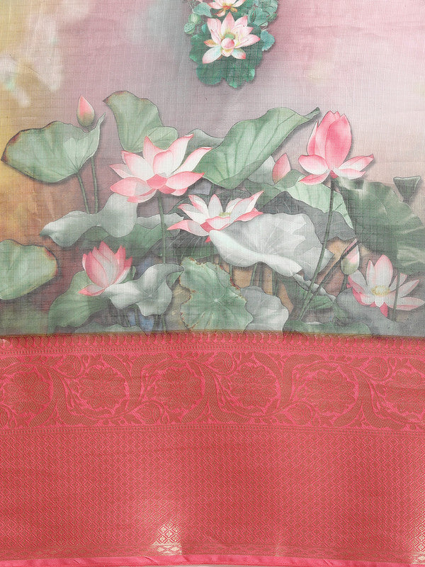 Multicolor Munga Silk Digital Print Floral Saree with Blouse Piece