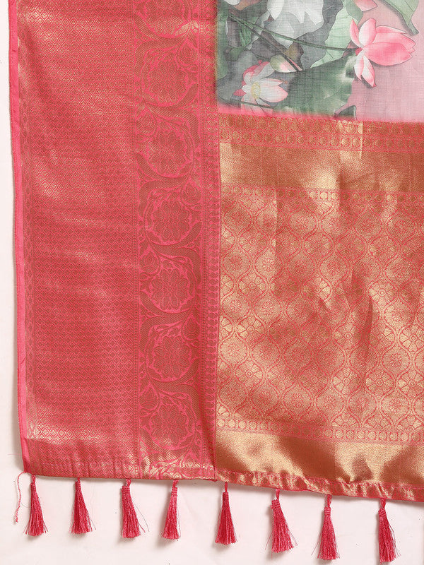 Multicolor Munga Silk Digital Print Floral Saree with Blouse Piece