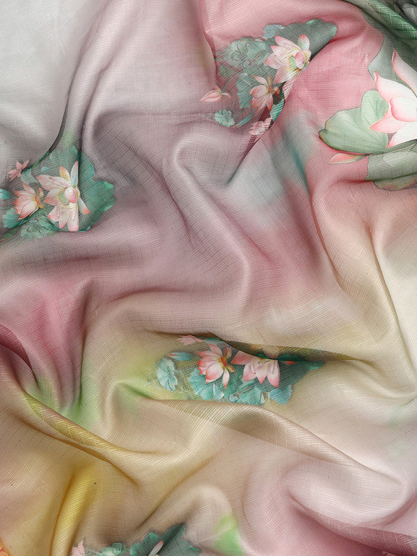 Multicolor Munga Silk Digital Print Floral Saree with Blouse Piece