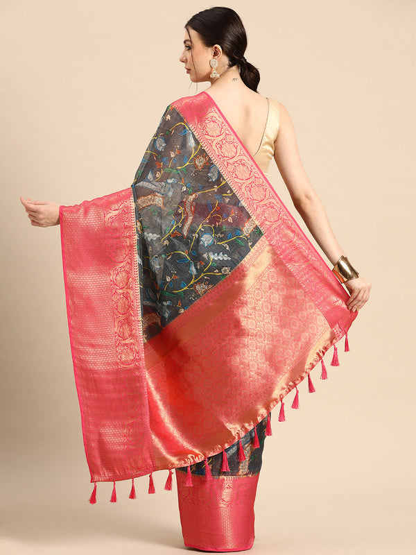 Gray Munga Silk Saree with Floral Digital Print