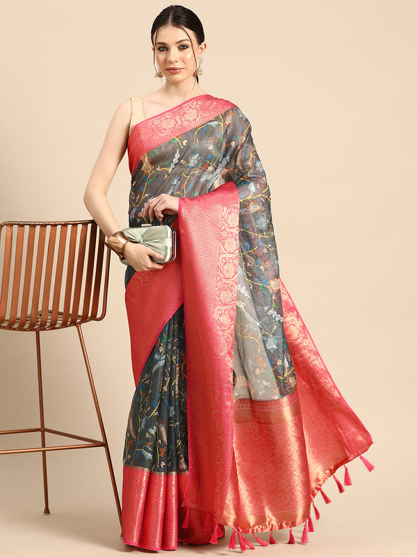 Gray Munga silk saree with vibrant floral digital prints and matching unstitched blouse fabric.