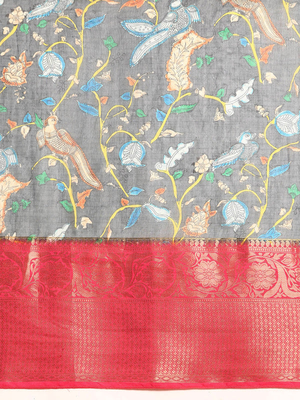 Gray Munga Silk Saree with Floral Digital Print