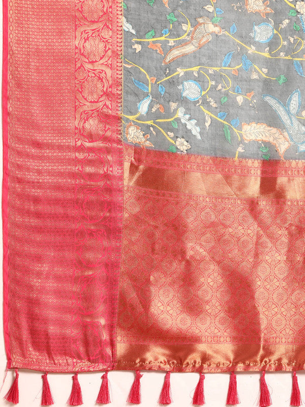 Gray Munga Silk Saree with Floral Digital Print