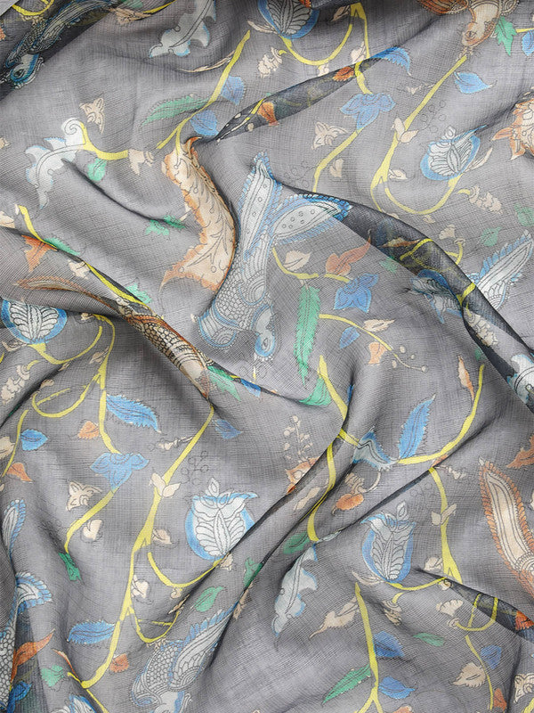 Gray Munga Silk Saree with Floral Digital Print