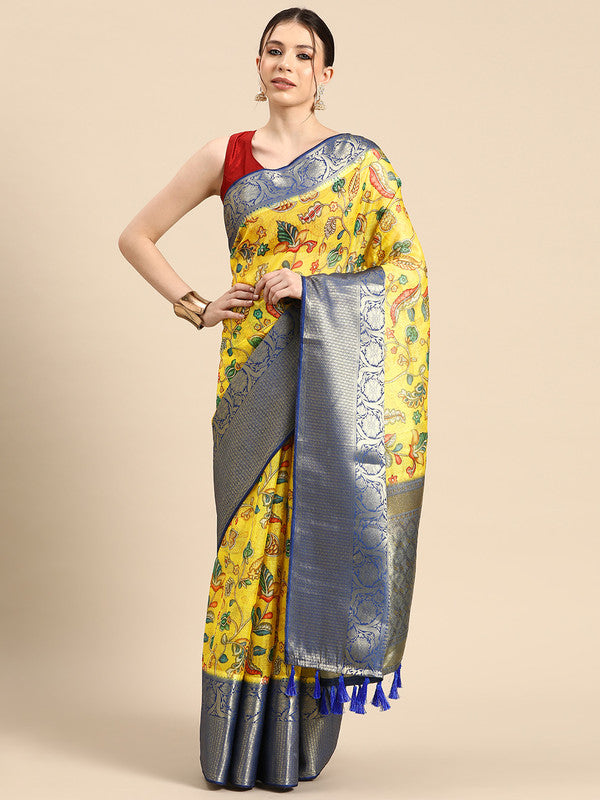 Yellow Munga silk saree with digital floral print and matching unstitched blouse