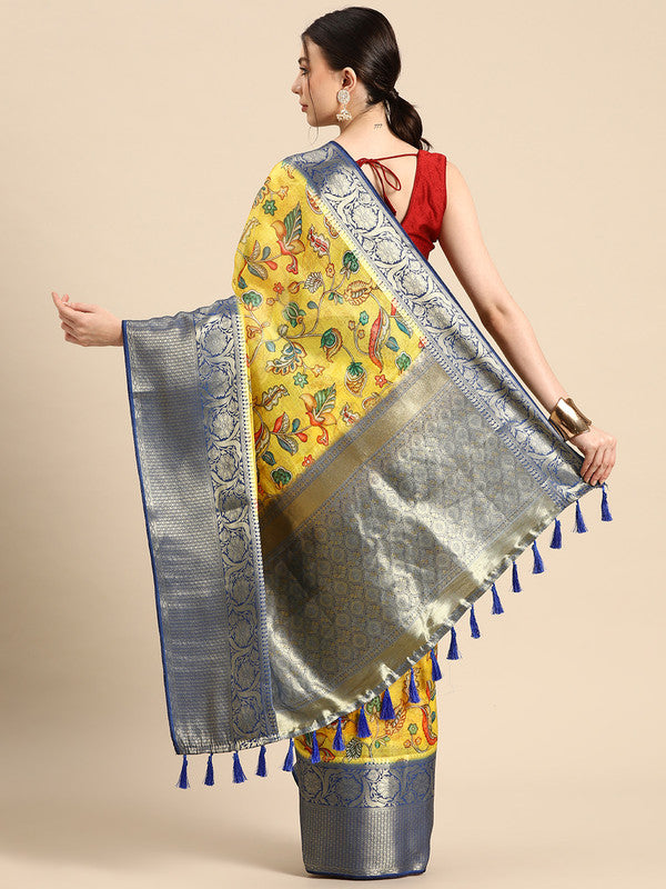 Yellow Munga Silk Saree with Digital Floral Print & Unstitched Blouse