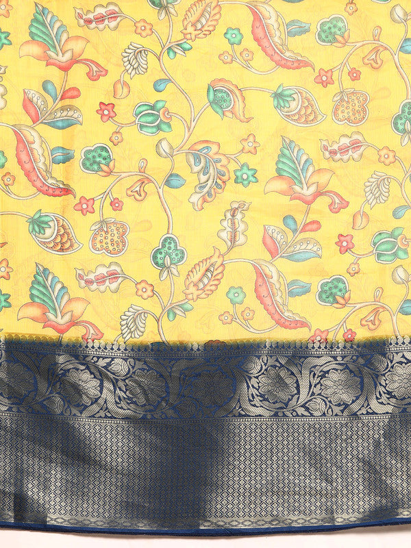 Yellow Munga Silk Saree with Digital Floral Print & Unstitched Blouse