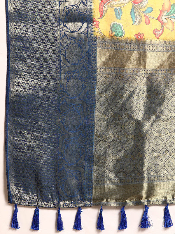 Yellow Munga Silk Saree with Digital Floral Print & Unstitched Blouse