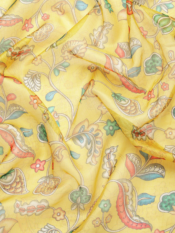 Yellow Munga Silk Saree with Digital Floral Print & Unstitched Blouse