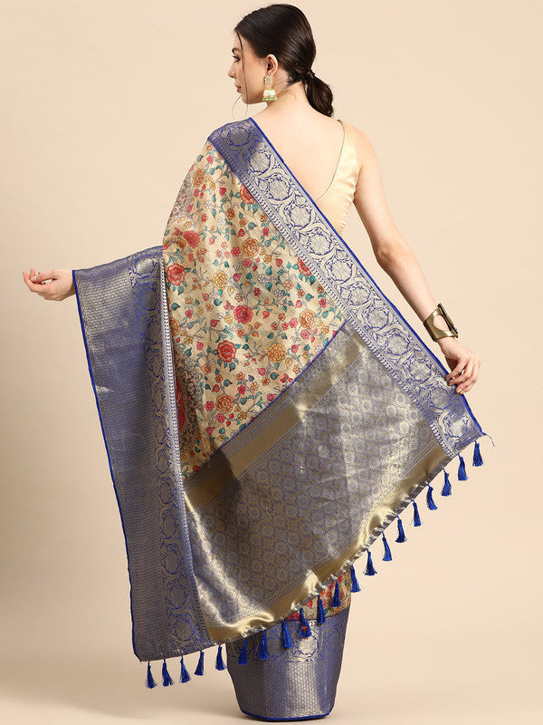 Beige Munga Silk Saree with Floral Digital Print Patterns