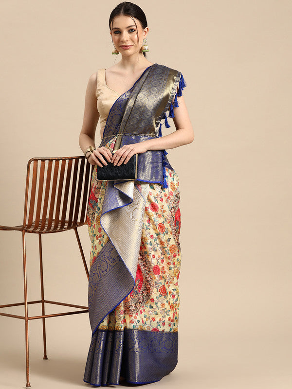Beige Munga silk saree featuring floral digital prints and matching unstitched blouse