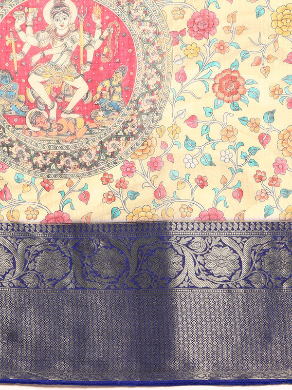 Beige Munga Silk Saree with Floral Digital Print Patterns
