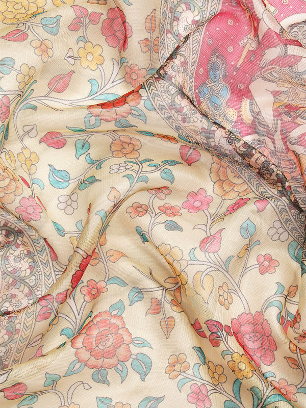 Beige Munga Silk Saree with Floral Digital Print Patterns