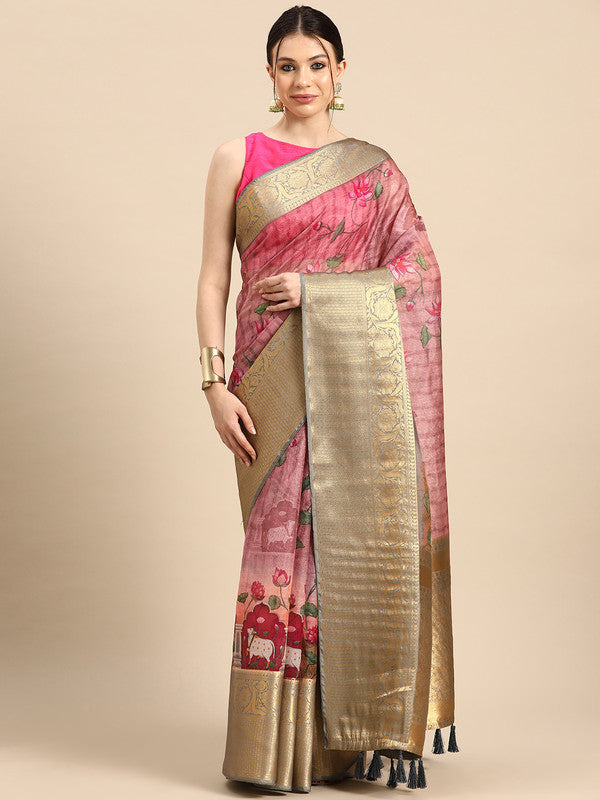 Beige Munga Silk saree with delicate floral print and matching unstitched blouse