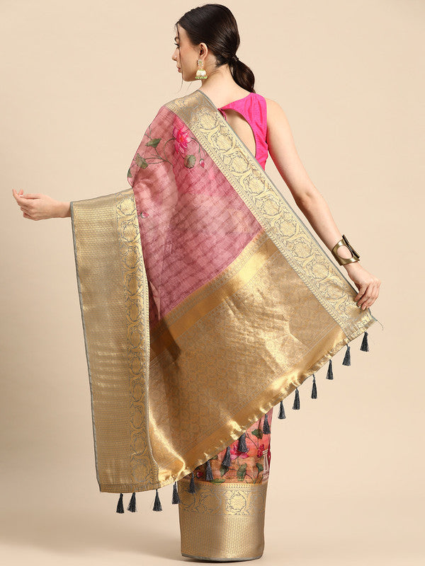 Beige Munga Silk Floral Print Saree with Unstitched Blouse Piece