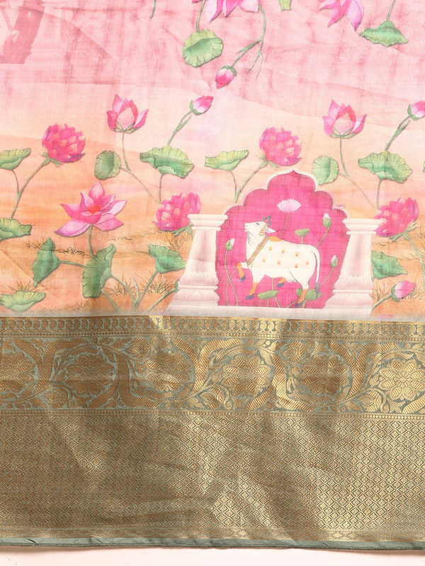 Beige Munga Silk Floral Print Saree with Unstitched Blouse Piece
